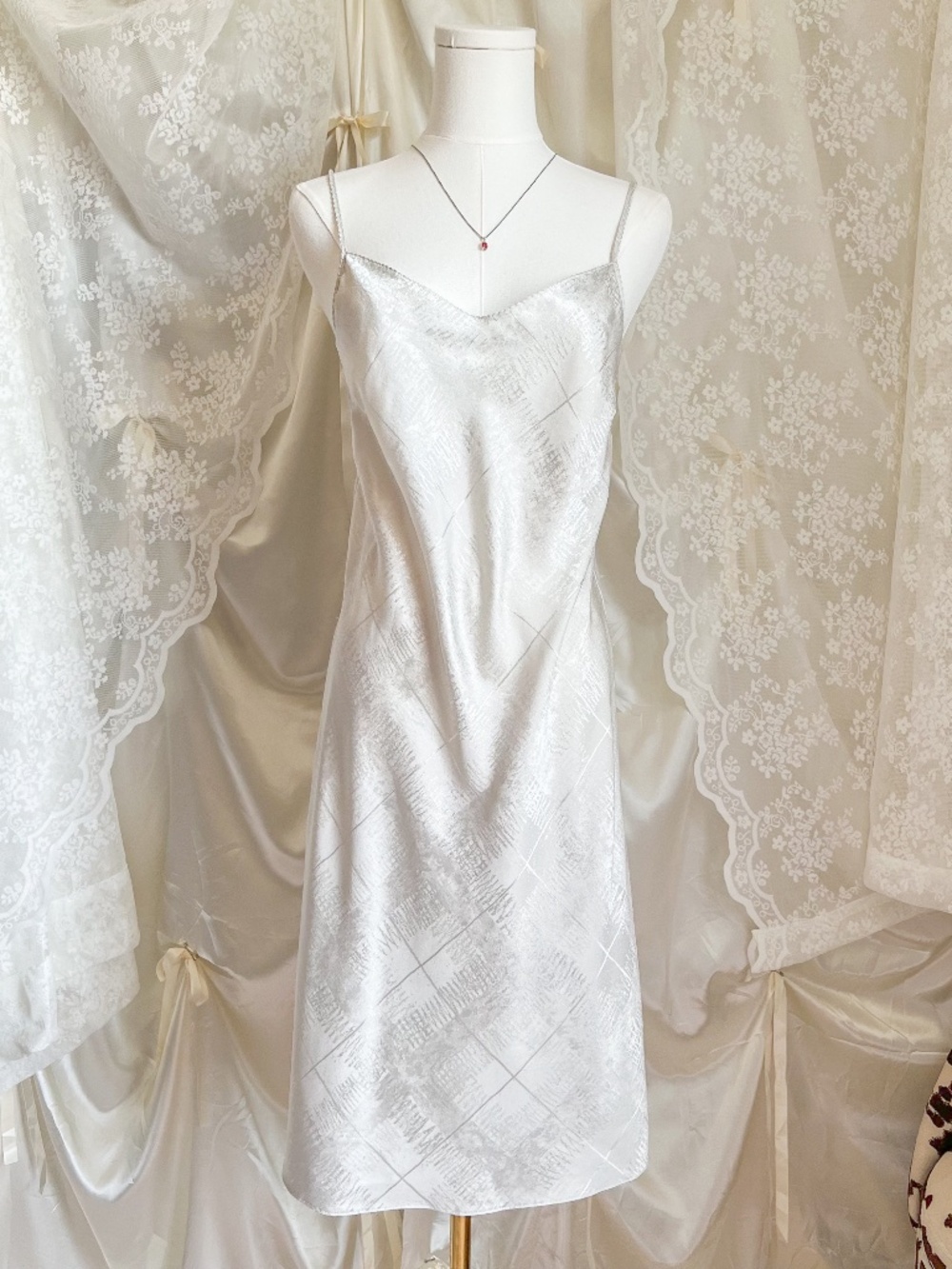 Marks & Spencer White and Silver Satin Slip Dress Minimal Bridal Coquette Midi